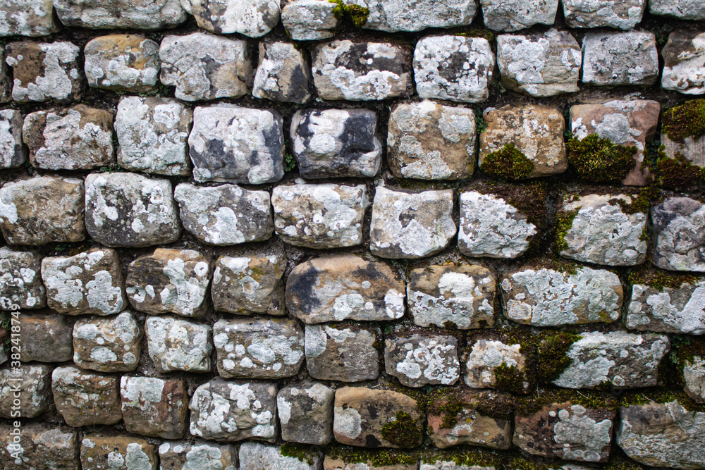 A dry stone wall with lichen growing on it A dry stone wall with lichen growing on it