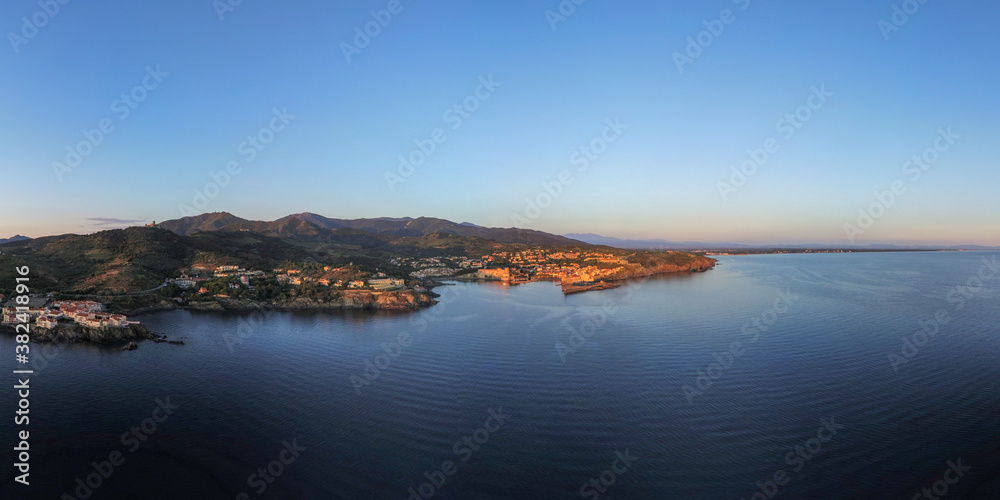 Aerial view of Collioure, Occitania, Eastern Pyrenees, France at dawn