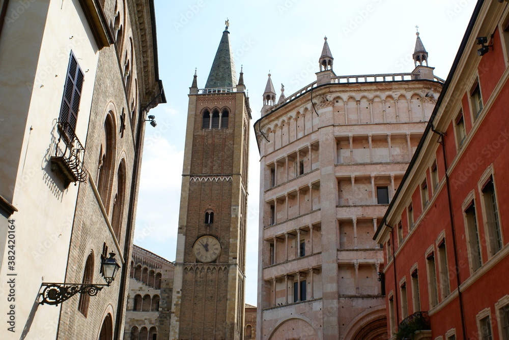 Parma, Italy: the bell tower, baptistery and houses