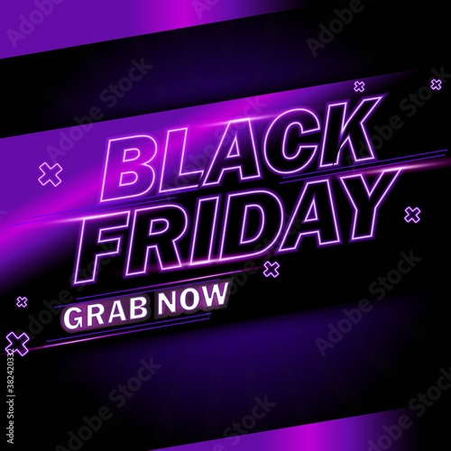 Black Friday neon purple sign purple color. Web banner, logo, emblem and label. Neon sign, bright signboard, light banner.