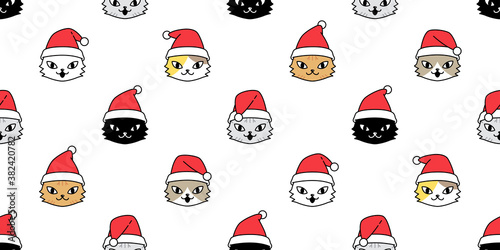cat seamless pattern Christmas Santa Claus hat kitten vector head cartoon scarf isolated repeat wallpaper tile background illustration doodle design