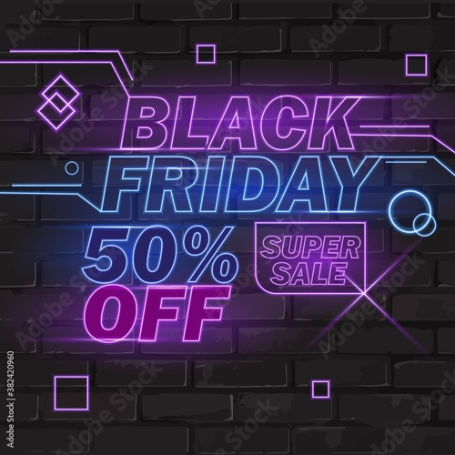 Black Friday neon purple sign purple color. Web banner, logo, emblem and label. Neon sign, bright signboard, light banner.