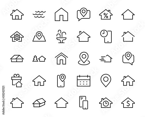 Simple set of line vector home icons. Contains house symbols at interest, infuse house and more. Editable stroke. 480x480 pixels perfect