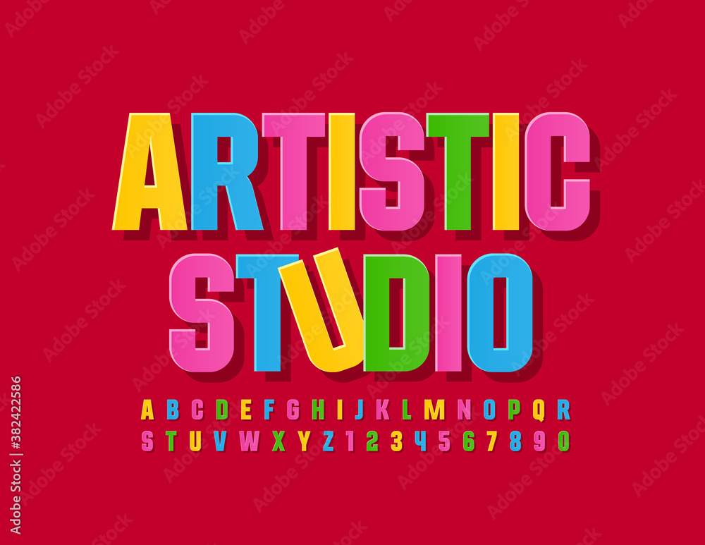 Vector creative logo Artistic Studio. Modern bright Font. Colorful Alphabet Letters and Numbers set