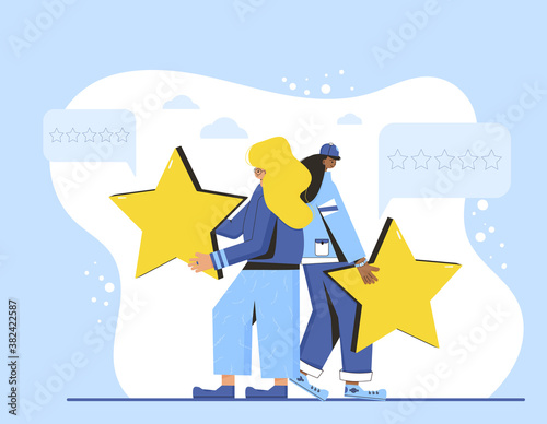 Feedback concept. People with stars in their hands