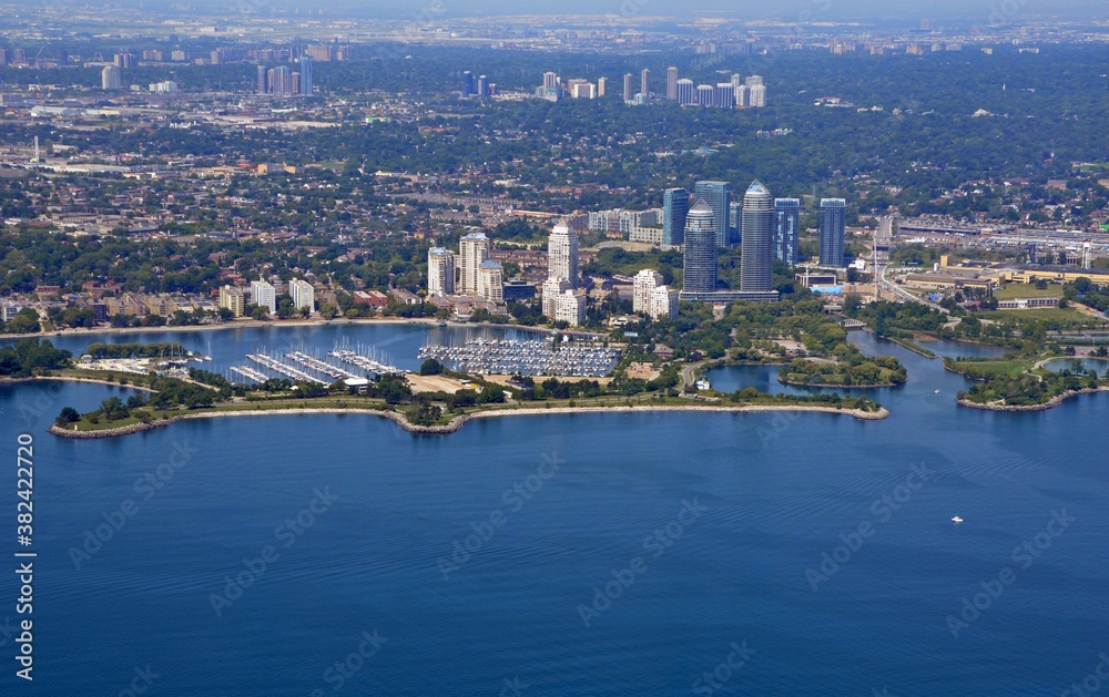 Aerial view of the urban skyline at the Humber Bay park Toronto, Marina and urban landscape above Lake Ontario