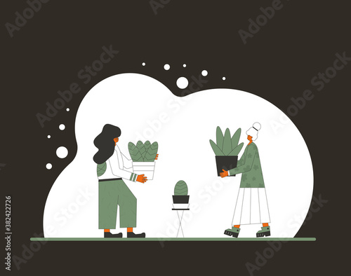 Plant lover. Man with indor flower pot. Vector