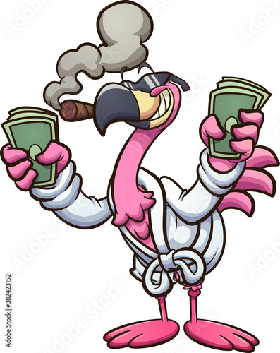 Cool rich cartoon flamingo wearing a bathrobe and smoking a cigar. Vector clip art illustration with simple gradients. All on a single layer. 
