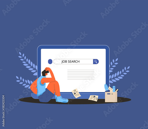 Unemployment. Dismissed worker try to find a work online. Fired man standing near huge laptop, he is confused and disappointed. Vector illustration.