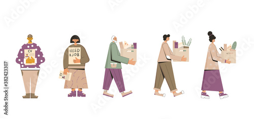 Job search. Dismissed people standing with banners and paper staff box. Fired characters isolated on white background. Vector illustration.