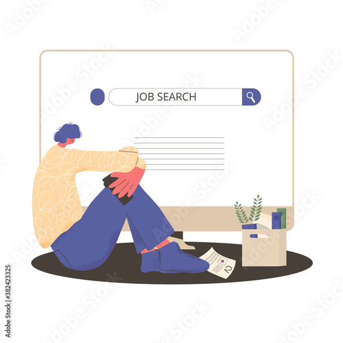 Unemployment. Dismissed worker try to find a work online. Fired man standing near huge laptop, he is confused and disappointed. Vector illustration.