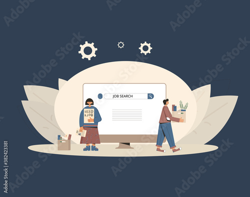 Unemployment. Job search. Two dismissed coworkers try to find a work online. Fired people standing near huge phone. Vecto illustration.