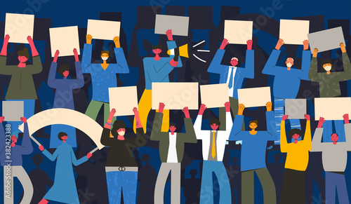 Strike. Coworkers standing with banners together. Activism. Vector illustration.
