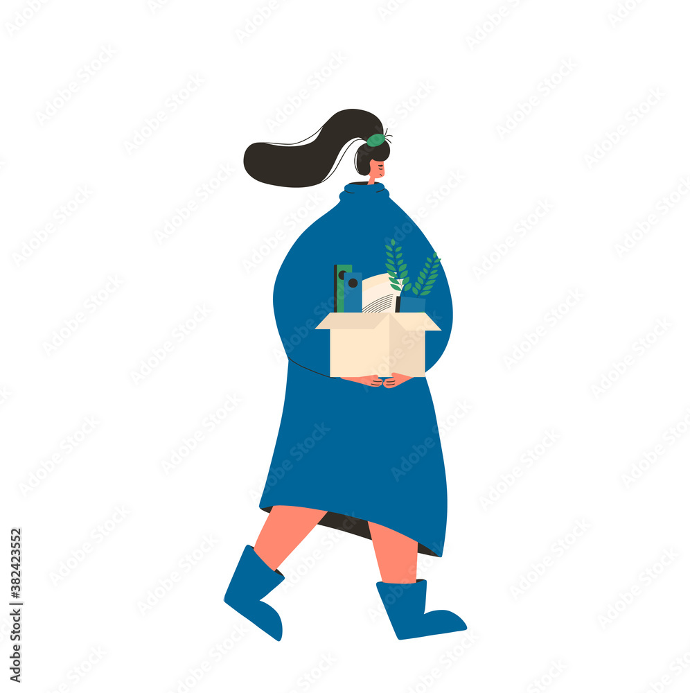 Unemployment. Woman with cardboard box of stuff. Fired manager going isolated on white background. Vector illustration. Unemployment. Woman with cardboard box of stuff. Fired manager going isolated on white background. Vector illustration.