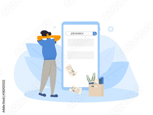 Unemployment. Dismissed worker try to find a work online. Fired man standing near huge laptop, he is confused and disappointed. Vector illustration.