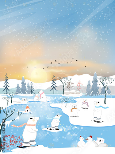 Winter landscape at arctic ocean with white polar bear family playing ice skates and lying on ice edge with snowing. Panorama view of Polar bear with her cups relaxing on ice floe in sunny day winter