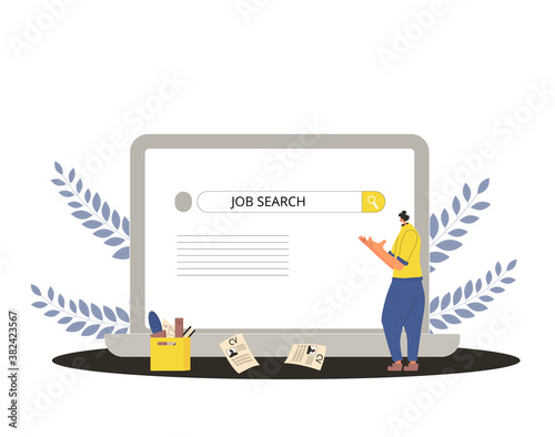 Job search. Dismissed worker try to find a work online. Fired man standing near huge laptop, he is confused and disapointed. Vector illustration.