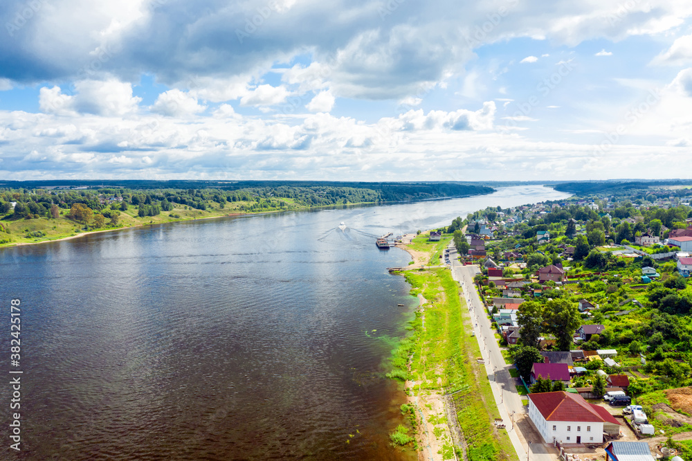 Aerial view of the Borisoglebskaya side of the city of Tutaev on a summer day