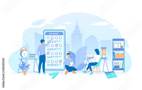 A group of people making online testing, examination. Online mobile survey testing questionnaire. Phone screen with online filling forms. Working process, teamwork communication. Vector illustration