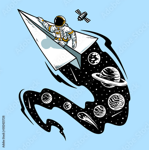 Astronauts flying on paper ships illustration