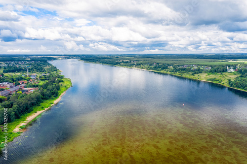 Aerial view of the Volga river in the city of Tutaev on a summer day