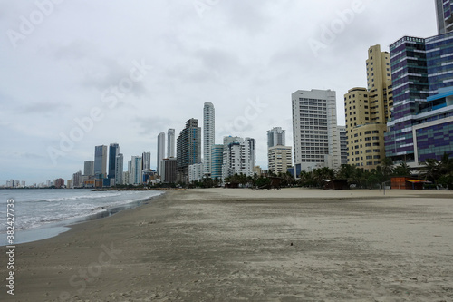 Beach closed or shutdown concept amid covid 19 fears and panic over contagious virus spread in Bocagrande, Cartagena, Colombia 2020