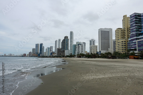 Empty beach and skyline of Bocagrande during covid-19 quarantine, Cartagena, Colombia
