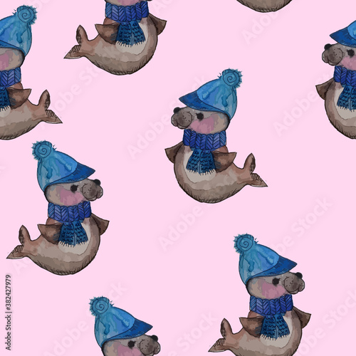 A seamless pattern with cute fur seal