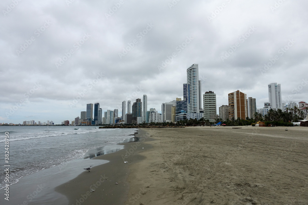 Empty beach and skyline of Bocagrande during covid-19 quarantine, Cartagena, Colombia Empty beach and skyline of Bocagrande during covid-19 quarantine, Cartagena, Colombia