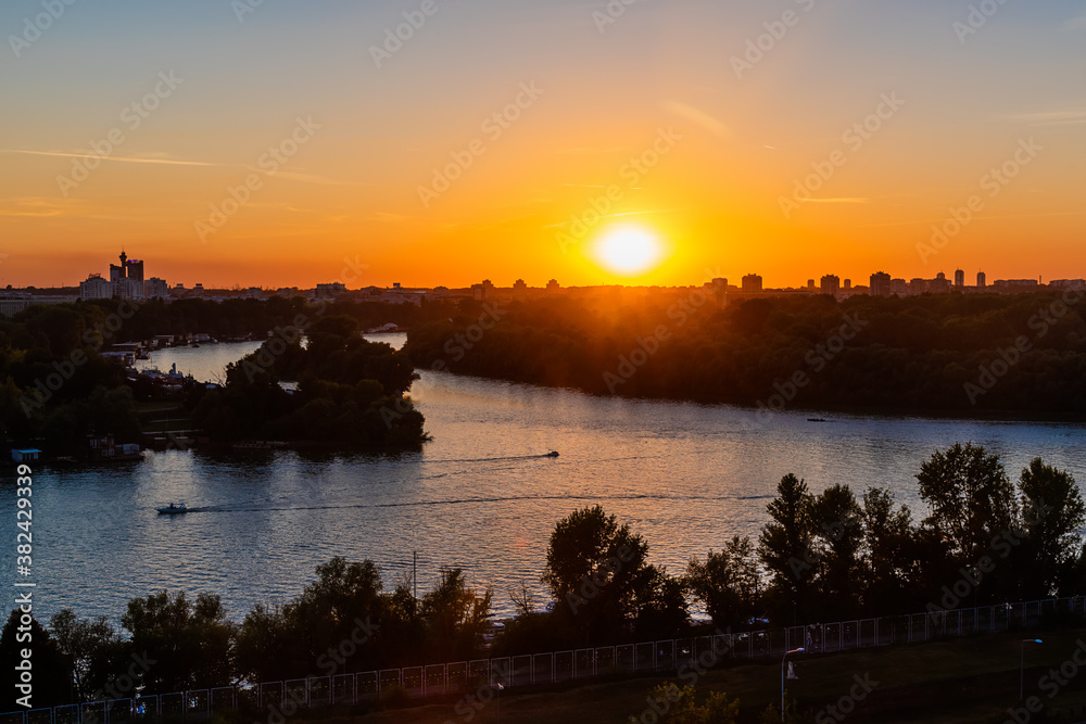 Belgrade, Serbia-August 27, 2020: The place where the Sava River flows into the Danube River (serbian:Ušće). It is located in the center of Belgrade near the Great War Island and the Belgrade Fortress