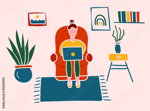 Young woman sitting on comfy chair with laptop in the room. Daily life of freelance worker, everyday routine. The girl working at home. Flat vector illustration