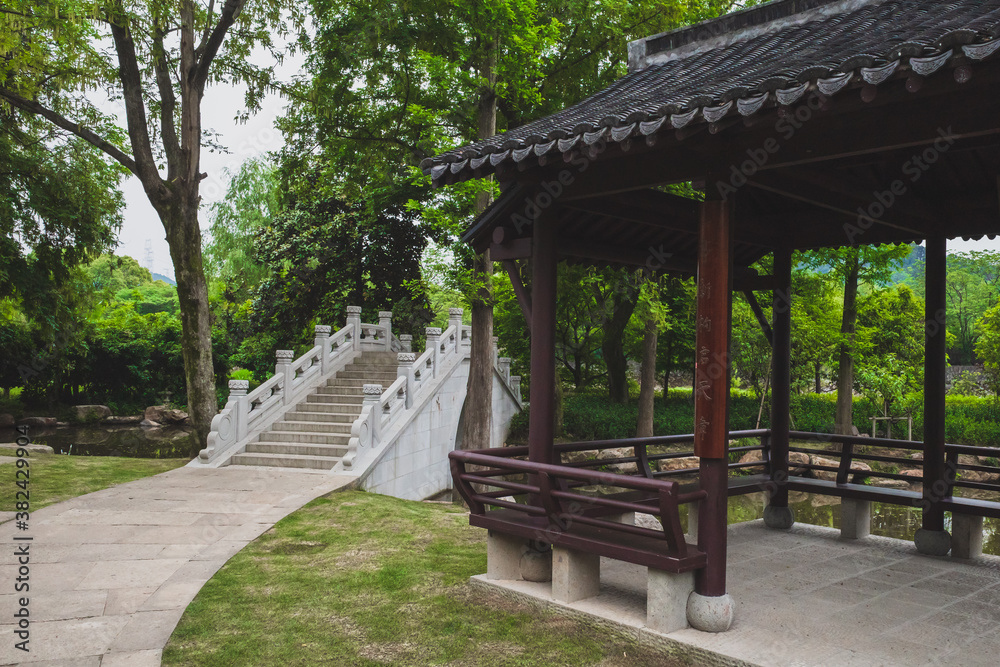 Bridge and Chinese pavilion in Lanting (Orchid Pavilion) scenic area, Shaoxing, China Bridge and Chinese pavilion in Lanting (Orchid Pavilion) scenic area, Shaoxing, China