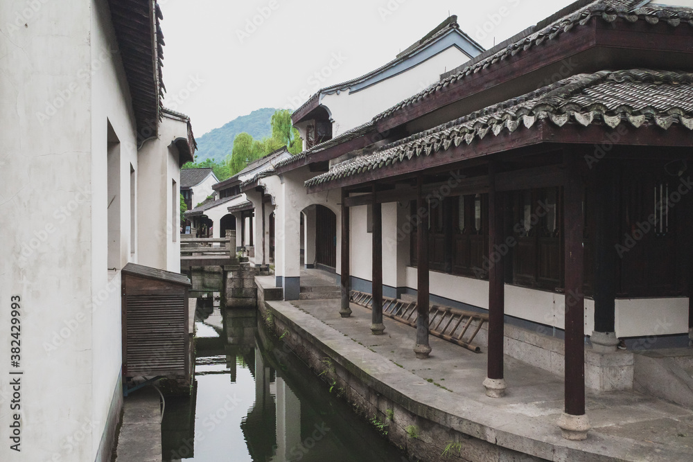 Chinese architecture by canal in Lanting (Orchid Pavilion) scenic area in Shaoxing, China