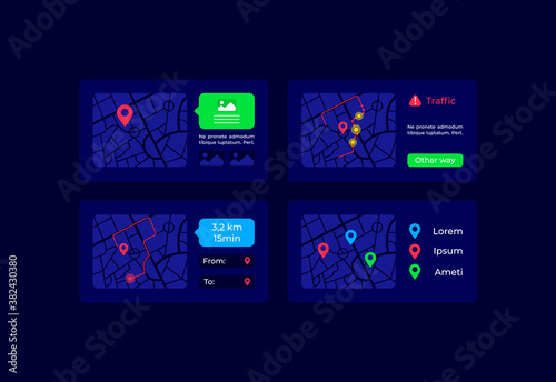 Routes on map UI elements kit. Transportation information. Geo position isolated vector icon, bar and dashboard template. Web design widget collection for mobile application with dark theme interface