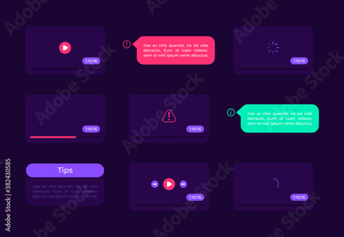 Video screen UI elements kit. Multimedia panels. Player screens isolated vector icon, bar and dashboard template. Web design widget collection for mobile application with dark theme interface