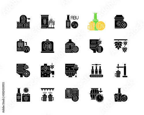 Brewing black glyph icons set on white space. Beer production. Factory produce alcohol drink. Manufacturing process. Pub with lager. Silhouette symbols. Vector isolated illustration