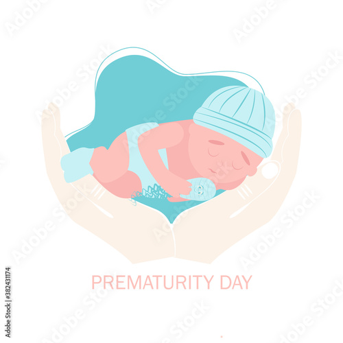World prematurity day. 17 November.  Little Newborn Baby Inside Neonatal Clinic Treatment and Care Concept. Flat vector illustration