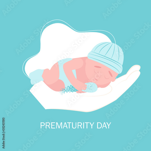 World prematurity day. 17 November.  Little Newborn Baby Inside Neonatal Clinic Treatment and Care Concept. Flat vector illustration