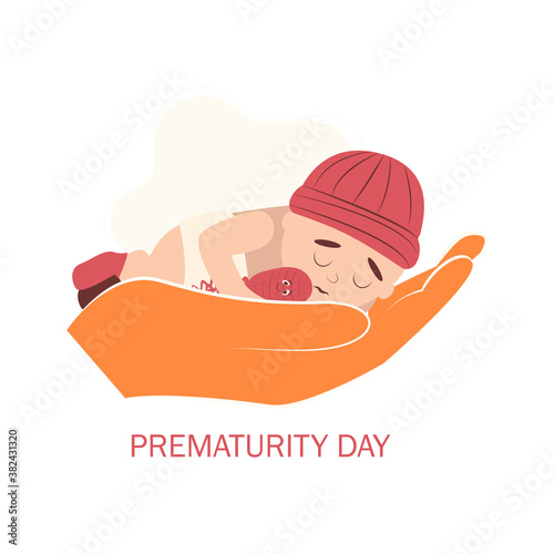 World prematurity day. 17 November.  Little Newborn Baby Inside Neonatal Clinic Treatment and Care Concept. Flat vector illustration