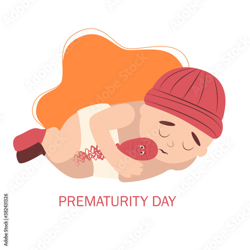World prematurity day. 17 November.  Little Newborn Baby Inside Neonatal Clinic Treatment and Care Concept. Flat vector illustration