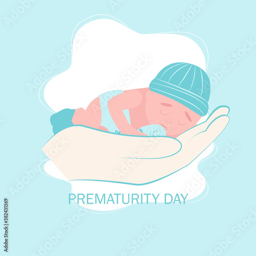 World prematurity day. 17 November.  Little Newborn Baby Inside Neonatal Clinic Treatment and Care Concept. Flat vector illustration