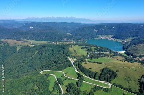 Aerial view of the Palcmanska Masa reservoir in the village of Dedinky in Slovakia photo