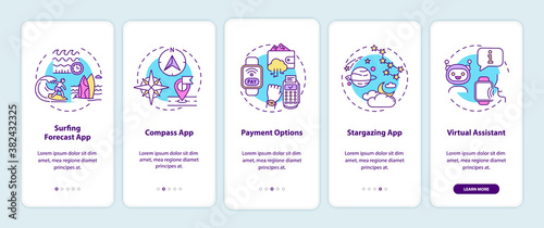 Smart watch elements onboarding mobile app page screen with concepts. Surfing forecast app, compass walkthrough 5 steps graphic instructions. UI vector template with RGB color illustrations