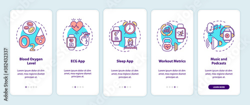 Smart watch functions onboarding mobile app page screen with concepts. Blood oxygen level, ECG app walkthrough 5 steps graphic instructions. UI vector template with RGB color illustrations