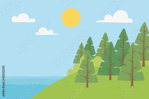 landscape lake trees in hill sunny day sky clouds