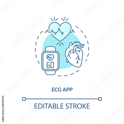 ECG app concept icon. Wearable technology feature idea thin line illustration. Electrocardiogram. Cardiac abnormalities detection. Vector isolated outline RGB color drawing. Editable stroke
