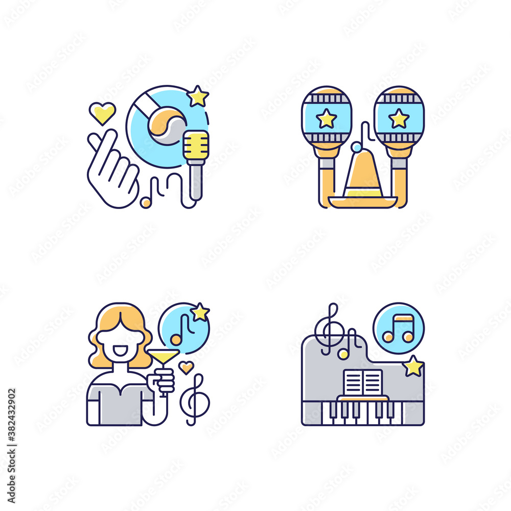 Fototapeta premium Party songs ideas RGB color icons set. Ethnical latin musical instruments. Fancy lounge music. Classic piano songs. Isolated vector illustrations