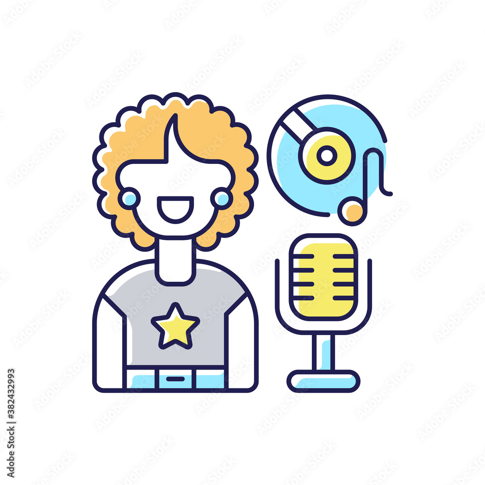 Soul music RGB color icon. Vinyl with note. Retro microphone. Singer woman with stared sweatshirt. Elegant songs styles. Isolated vector illustration Soul music RGB color icon. Vinyl with note. Retro microphone. Singer woman with stared sweatshirt. Elegant songs styles. Isolated vector illustration