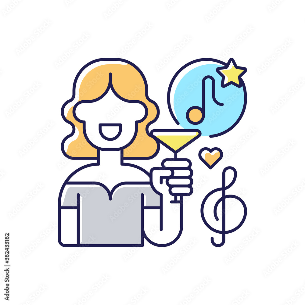 Lounge music RGB color icon. Different musical events. Woman with cocktail in hand. Music tone. Song notes. Entertainment place. Isolated vector illustration