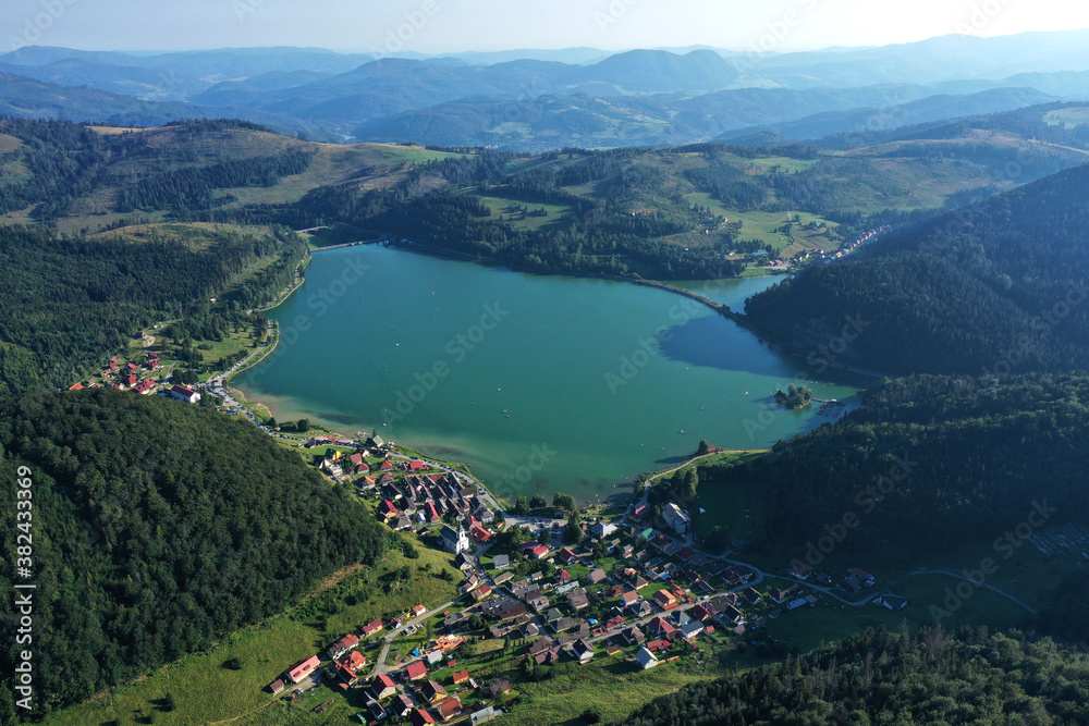 Aerial view of the Palcmanska Masa reservoir in the village of Dedinky in Slovakia